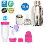 Goodmunchkins Stainless Steel Feeding Bottle With Spoon Food Feeder for Baby Anti Colic Silicon Nipple Feeder 220 ml Combo Pack-Pink