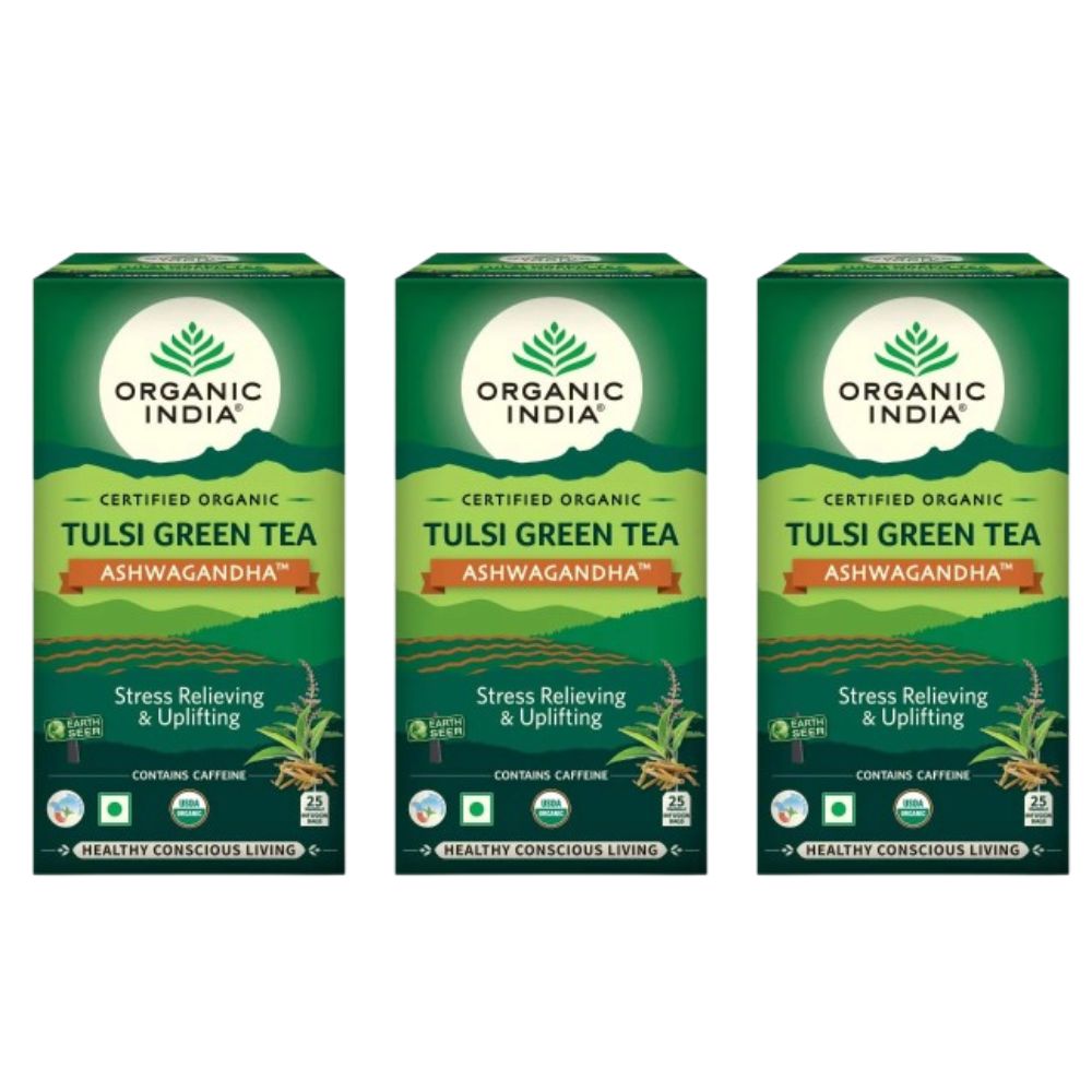 Organic India Tulsi Green Tea Ashwagandha - Herbal Sleep Tea, Caffine Free