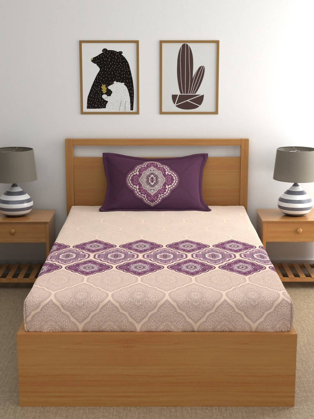 Dreamscape Purple & Cream-Coloured 144 TC Bedsheet with Pillow Covers