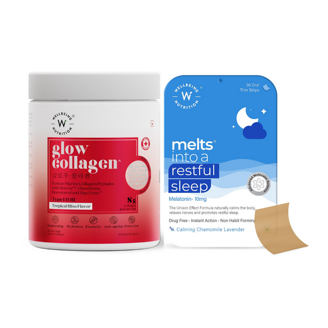 Wellbeing Nutrition Glow Korean Marine Collagen Peptides & Melts Restful Sleep Oral Strips Combo Hover Image
