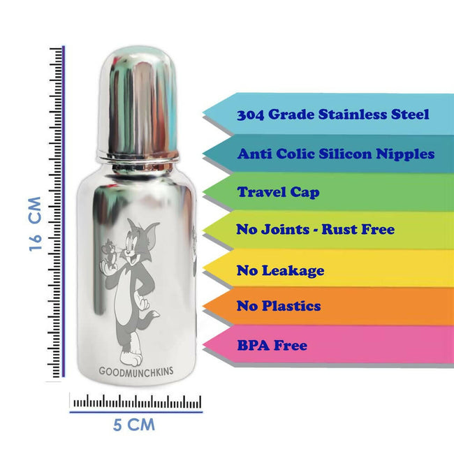 Goodmunchkins Stainless Steel Feeding Bottle with Anti Colic Silicone Nipple/Bottle Cleaning Nylon Brush (300ml, Blue) Main Image