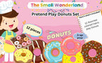 The Small Wonderland Pretend Play Donut Shop Set – 12 Colorful Fabric Donuts with Play Menu, ATM Cards, Money, and Shop Poster