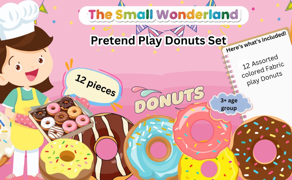 The Small Wonderland Pretend Play Donut Shop Set – 12 Colorful Fabric Donuts with Play Menu, ATM Cards, Money, and Shop Poster