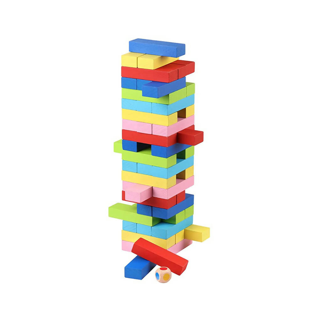 Skoodle Quest Stackrr Color Crash Tumbling Tower Game with 54 Precision Wooden Blocks of Premium Beachwood for Adults and Kids