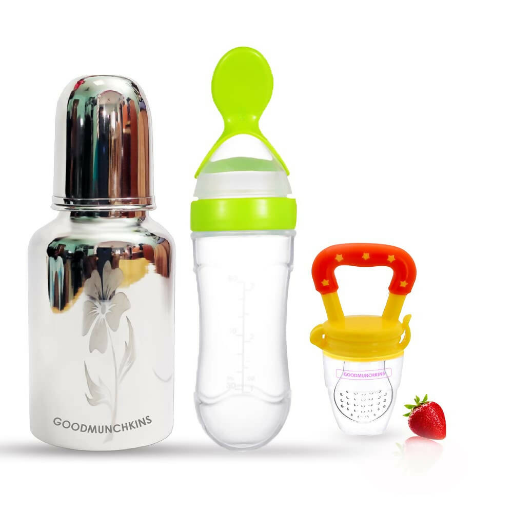 Goodmunchkins Stainless Steel Feeding Bottle, Food Feeder & Fruit Feeder Combo for Baby-(Green-Yellow, 300ml)