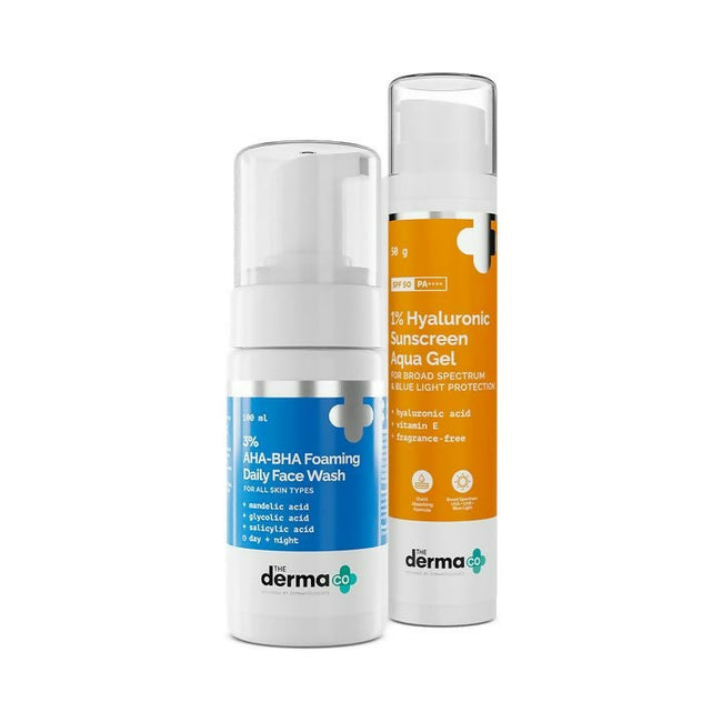 The Derma Co1% Hyaluronic Sunscreen Aqua Gel + 3% AHA+BHA Foaming Daily Face Wash Hover Image