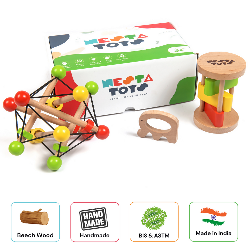 Nesta Toys Newborn Gift Set - Wooden Skwish Rattle, Clacker Rattle and Elephant Teether