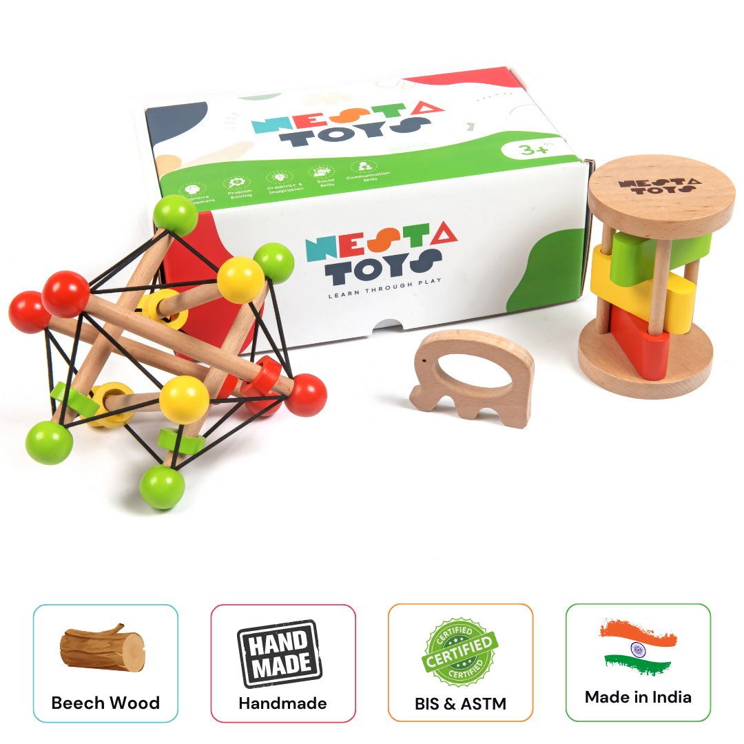 Nesta Toys Newborn Gift Set - Wooden Skwish Rattle, Clacker Rattle and Elephant Teether