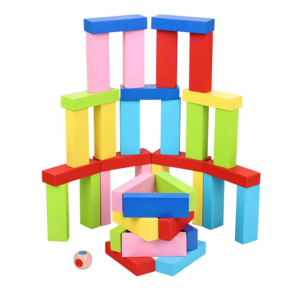Skoodle Quest Stackrr Color Crash Tumbling Tower Game with 54 Precision Wooden Blocks of Premium Beachwood for Adults and Kids