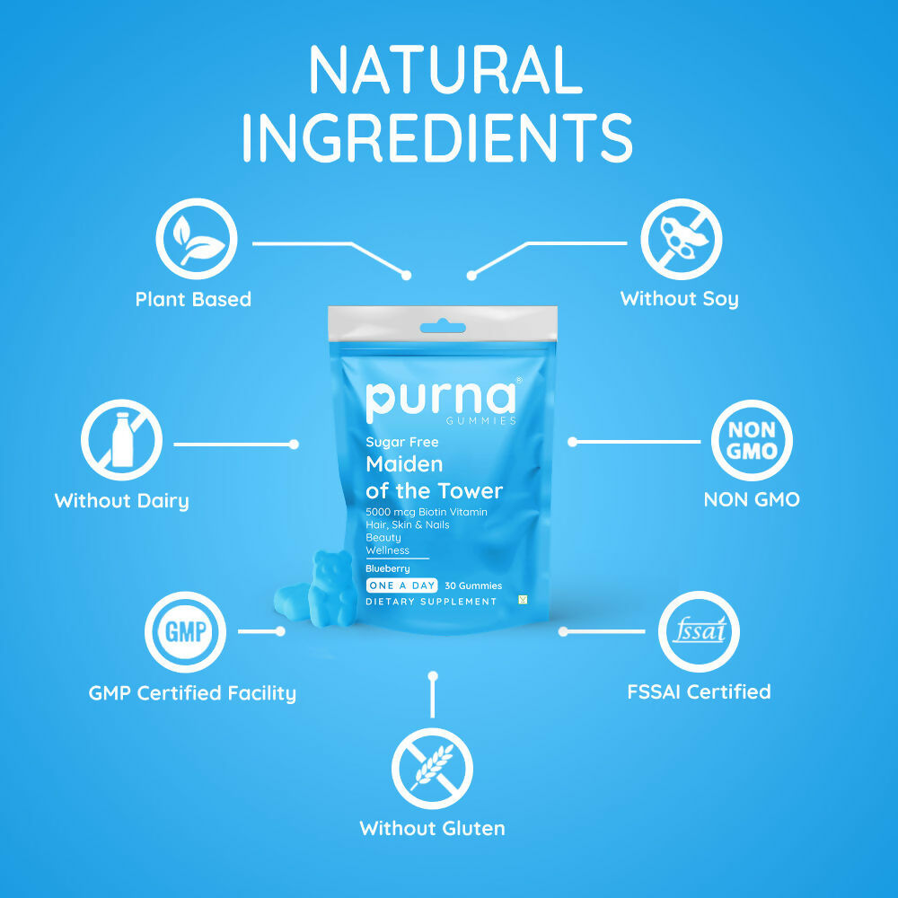 Purna Gummies Hair Biotin Blueberry Sugar Free Gummies with Vitamin B12 for Hair & Nails