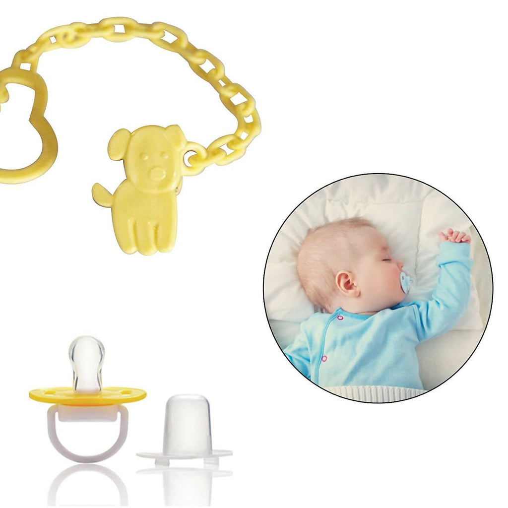 Safe-O-Kid Animal Design Silicone Pacifier/Soother With Holder Chain And Clip, Yellow Dog