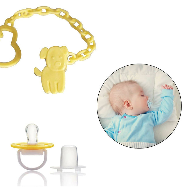 Safe-O-Kid Animal Design Silicone Pacifier/Soother With Holder Chain And Clip, Yellow Dog Hover Image