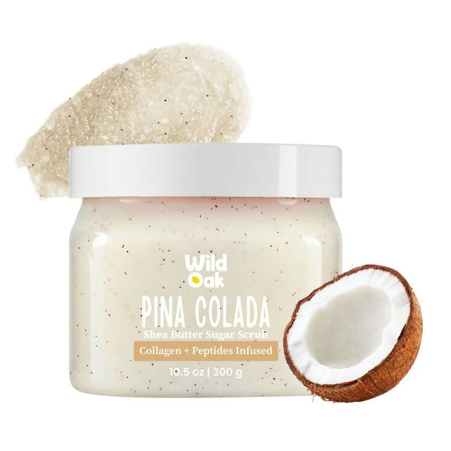 Wild Oak Pina Colada Shea Butter Sugar Scrub with Vegan Collagen & Peptides For Tan Removal & Smooth Skin Hover Image