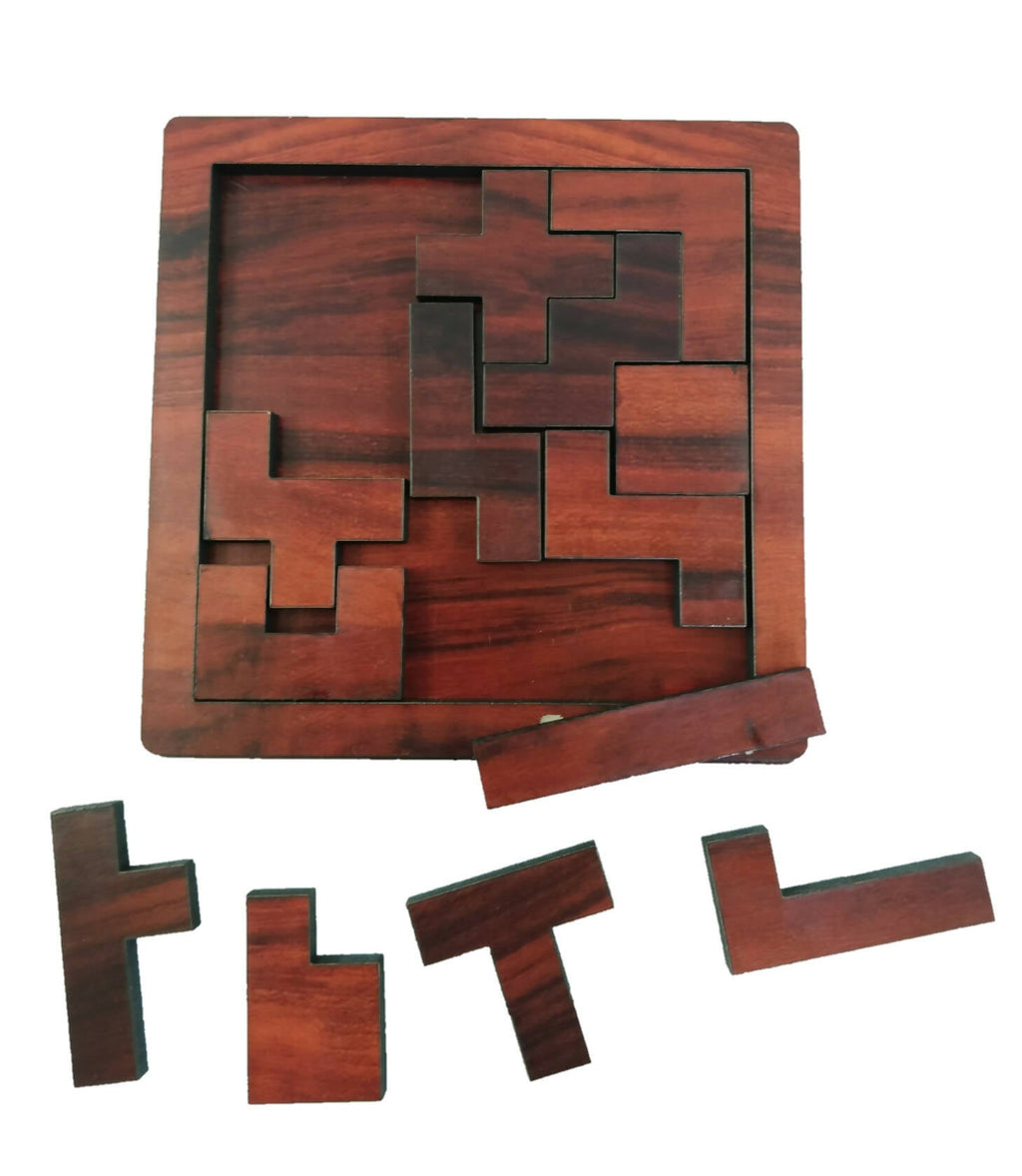 Kraftsman Portable Wooden Tetris Puzzle | 13 Pieces Puzzle Board for Kids and Adults | Travel Pouch Included
