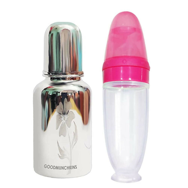 Goodmunchkins Stainless Steel Feeding Bottle With Spoon Food Feeder for Baby Anti Colic Silicon Nipple Feeder 300 ml Combo Pack-Pink Main Image