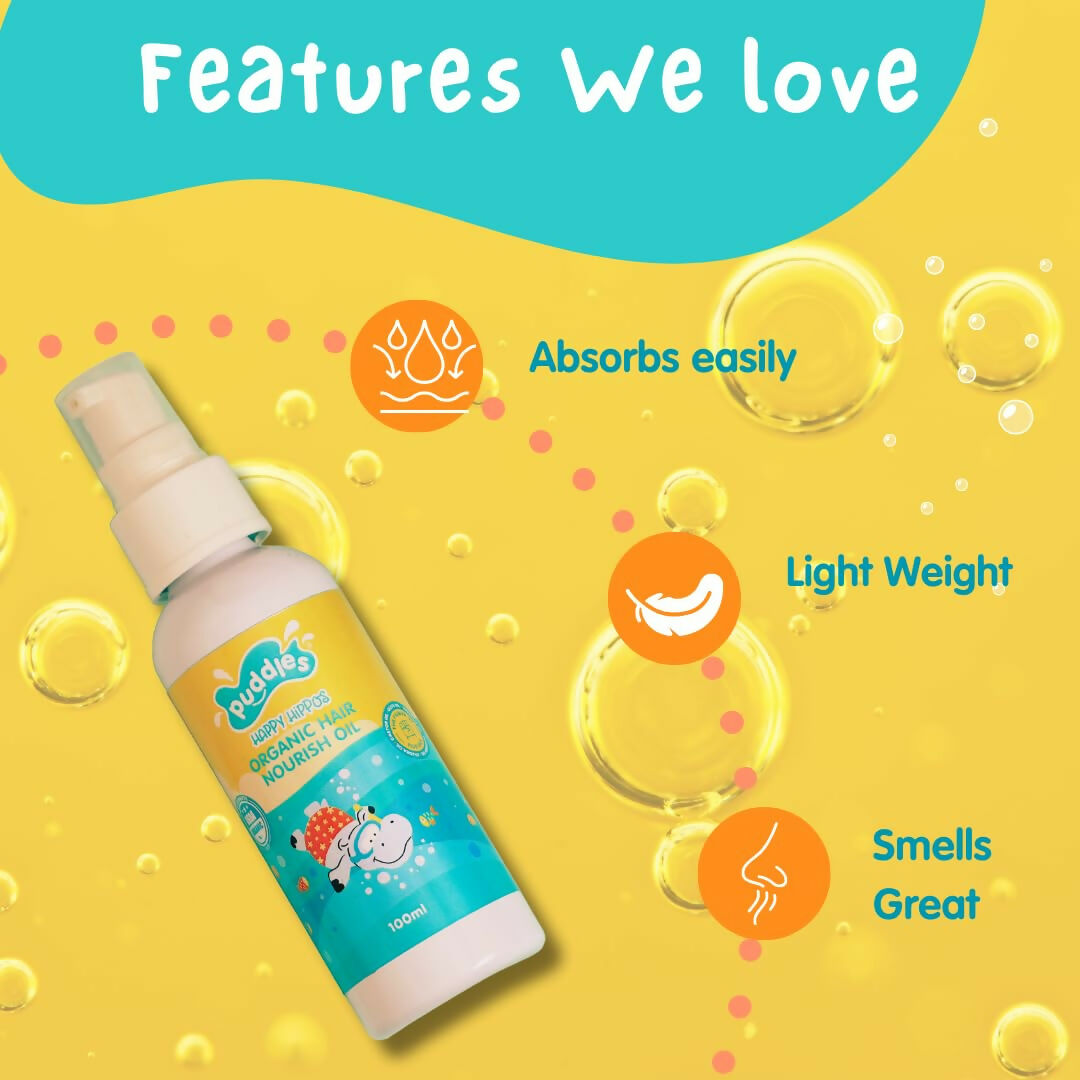Puddles Happy Hippos Organic Nourish Hair Oil for Kids, Nourishing & Strengthening Formula for Delicate Hair & Scalp