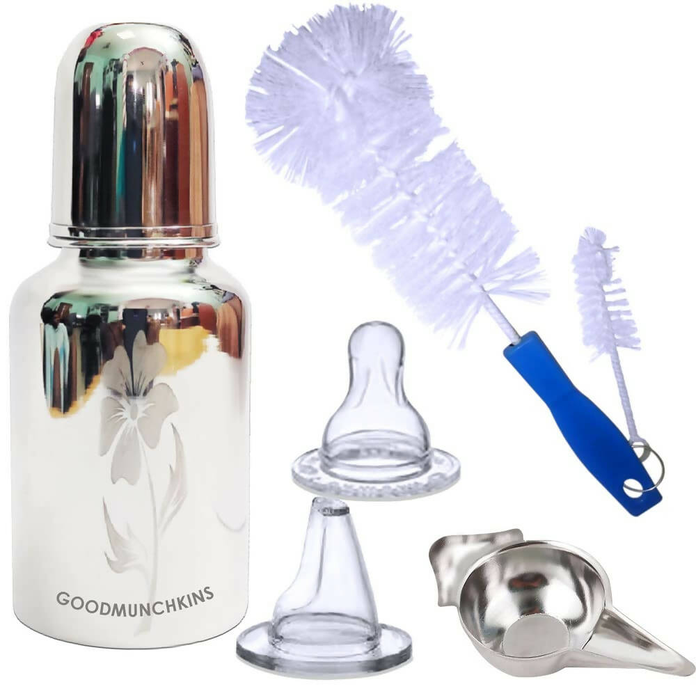 Goodmunchkins Stainless Steel Feeding Bottle with Bottle Cleaning Brush/Chakku/Anti Colic Silicone Nipple Combo-(300ml,Blue)