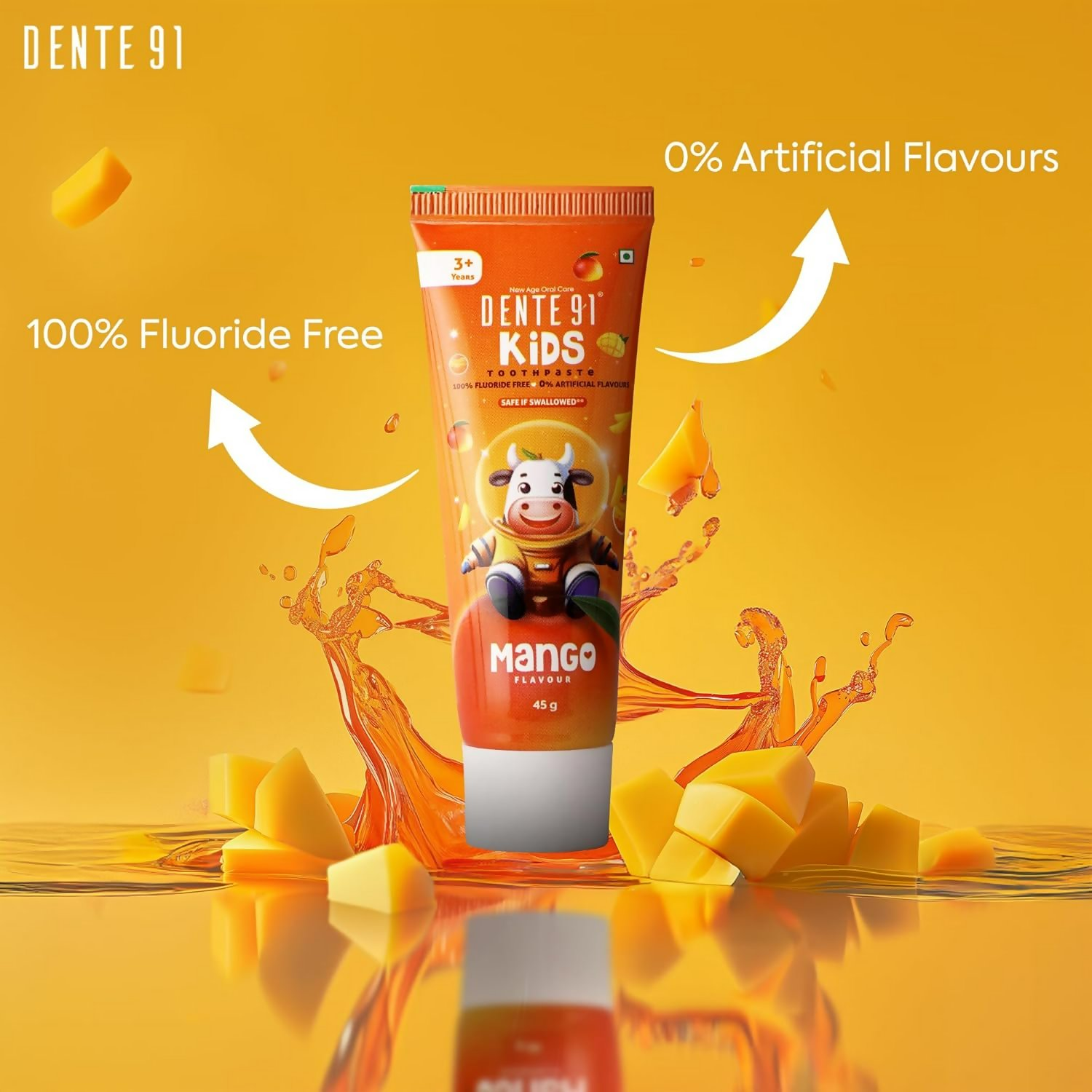Dente91 Kids Toothpaste Protects Against Dental Caries & Hypersensitivity Fluoride Free, Mango Flavour