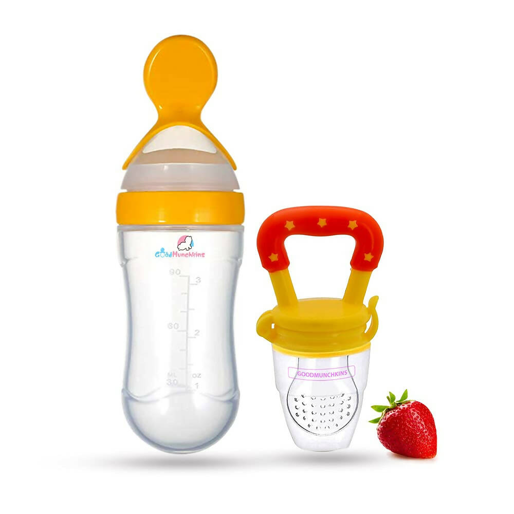 Goodmunchkins Silicone Spoon Food Feeder & Fruit Feeder for Toddlers Food Grade Silicone Bottle 90ml-Yellow