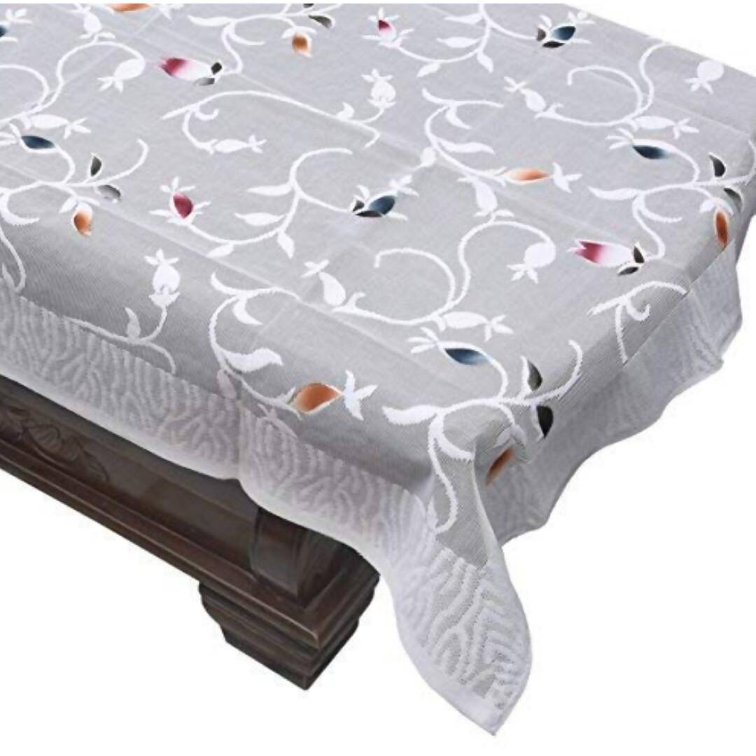 Yellow Weaves Polyester Floral Rectangular Designer Net Fabric Center 4 Seater Table Cover - White