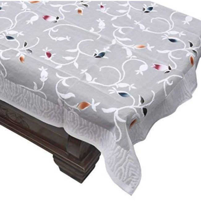 Yellow Weaves Polyester Floral Rectangular Designer Net Fabric Center 4 Seater Table Cover - White Hover Image
