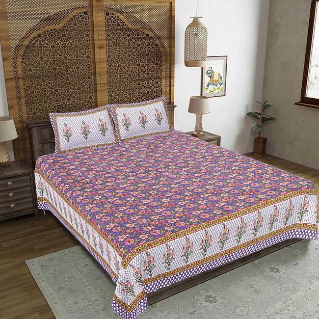 Rudra Bazaar Purple 210 TC Cotton Double King Bedsheet With 2 Pillow Covers Hover Image