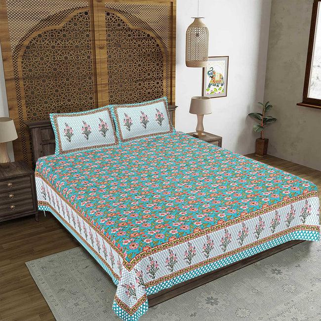 Rudra Bazaar Turquoise Blue 210 TC Cotton Double King Bedsheet With 2 Pillow Covers Hover Image