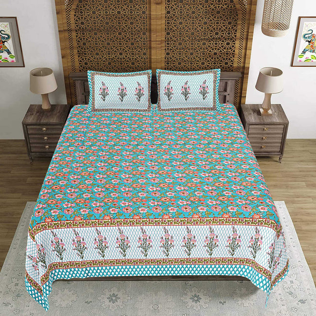 Rudra Bazaar Turquoise Blue 210 TC Cotton Double King Bedsheet With 2 Pillow Covers Main Image