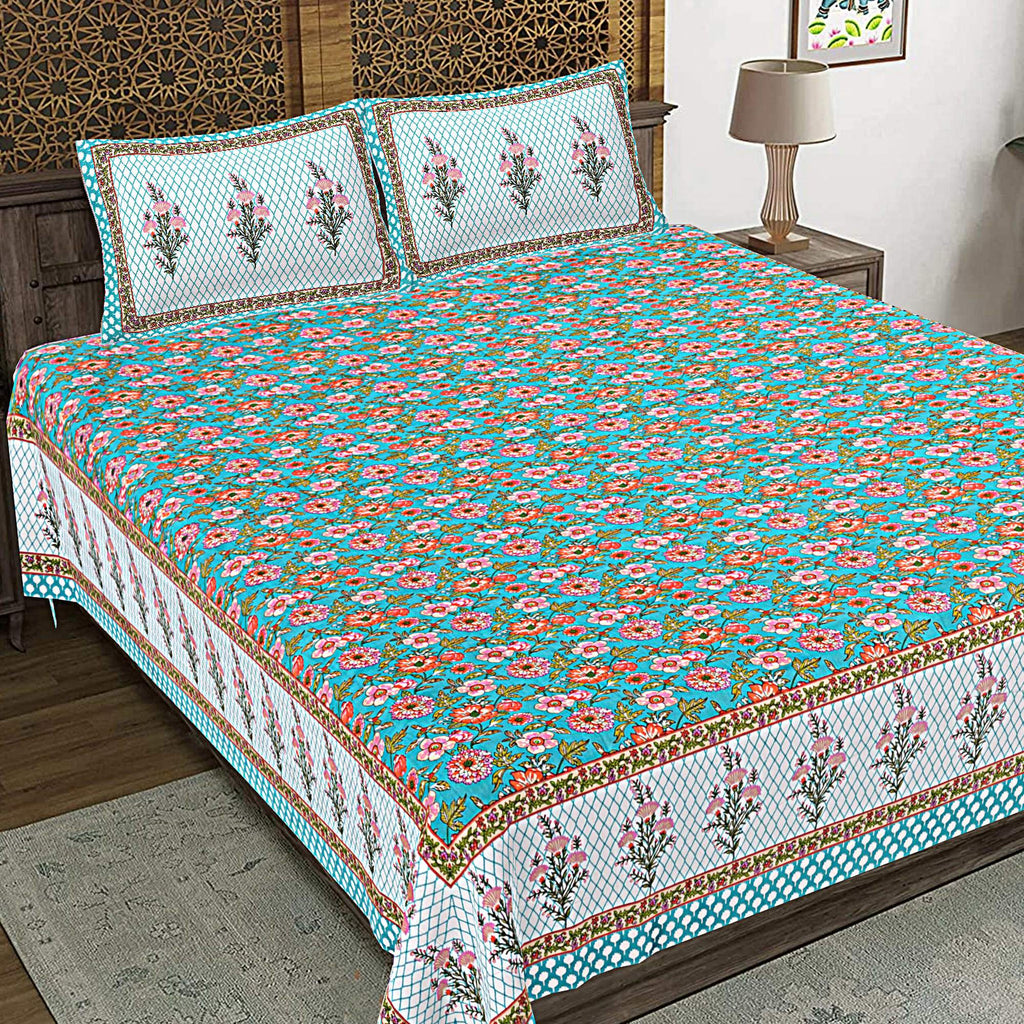 Rudra Bazaar Turquoise Blue 210 TC Cotton Double King Bedsheet With 2 Pillow Covers