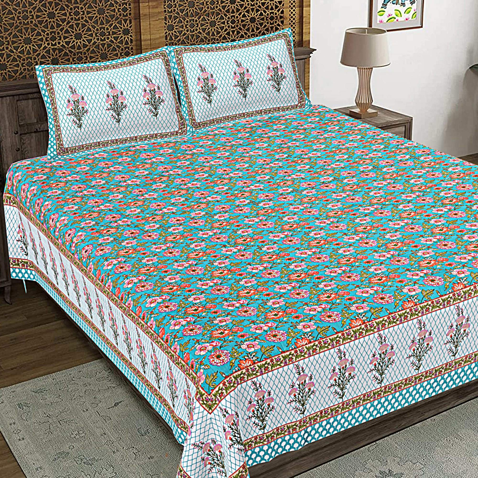 Rudra Bazaar Turquoise Blue 210 TC Cotton Double King Bedsheet With 2 Pillow Covers