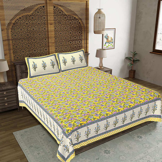 Rudra Bazaar Yellow 210 TC Cotton Double King Bedsheet With 2 Pillow Covers Hover Image