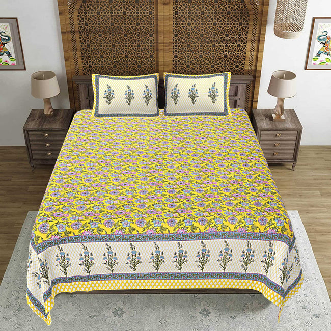 Rudra Bazaar Yellow 210 TC Cotton Double King Bedsheet With 2 Pillow Covers Main Image