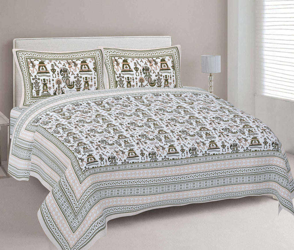 Rudra Bazaar Olive 210 TC Cotton Double King Bedsheet With 2 Pillow Covers