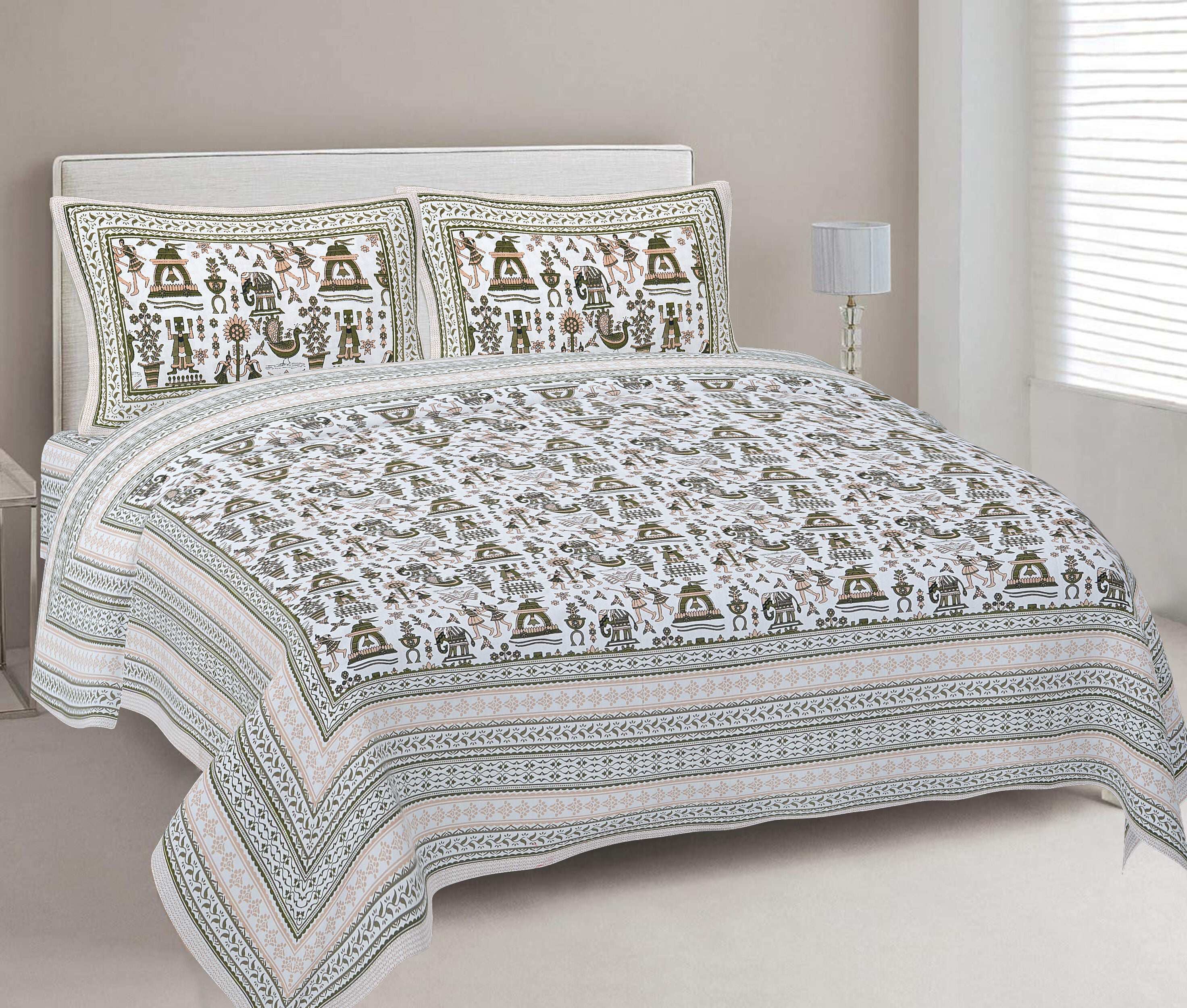 Rudra Bazaar Olive 210 TC Cotton Double King Bedsheet With 2 Pillow Covers