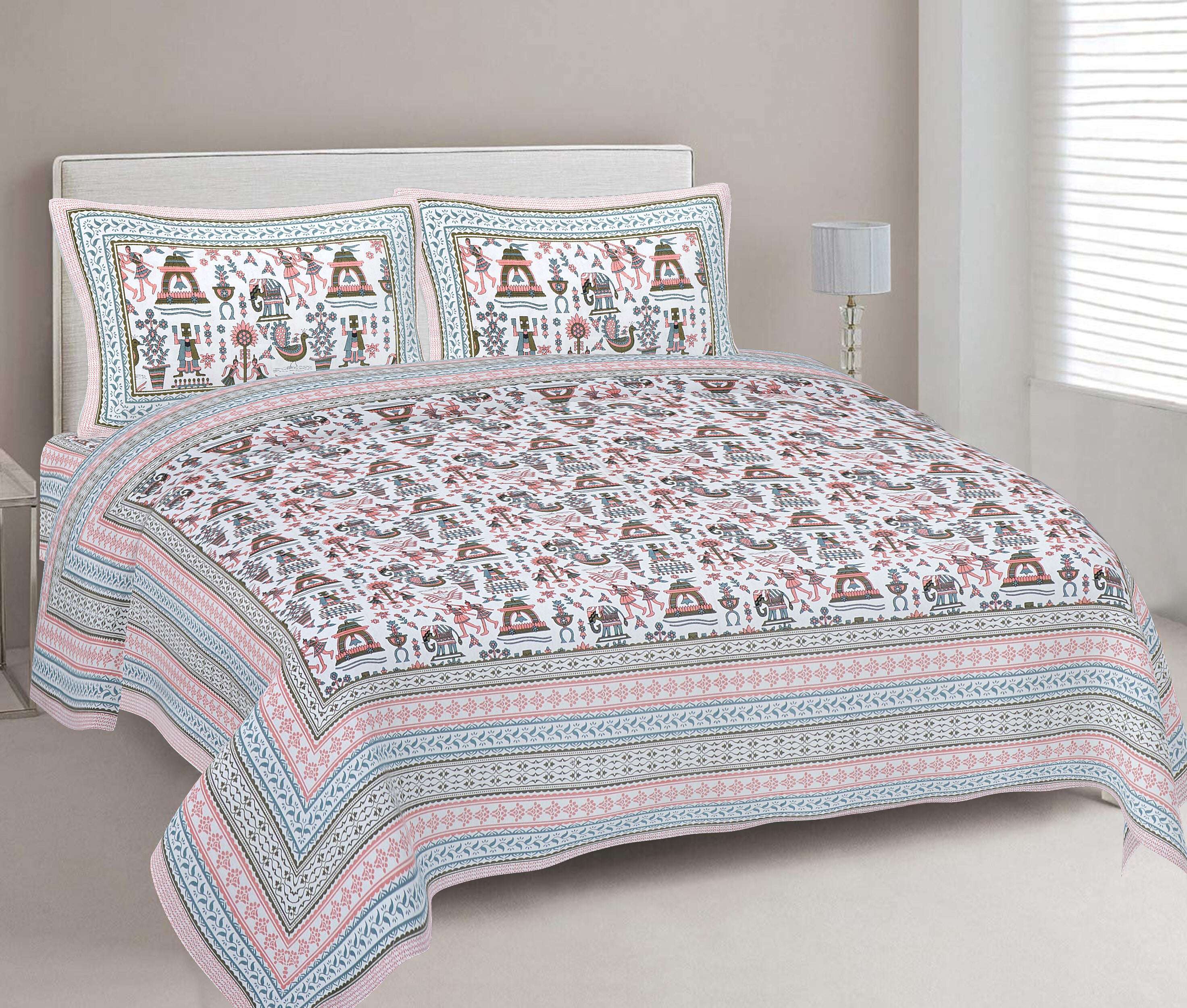 Rudra Bazaar Orange Turquise 210 TC Cotton Double King Bedsheet With 2 Pillow Covers