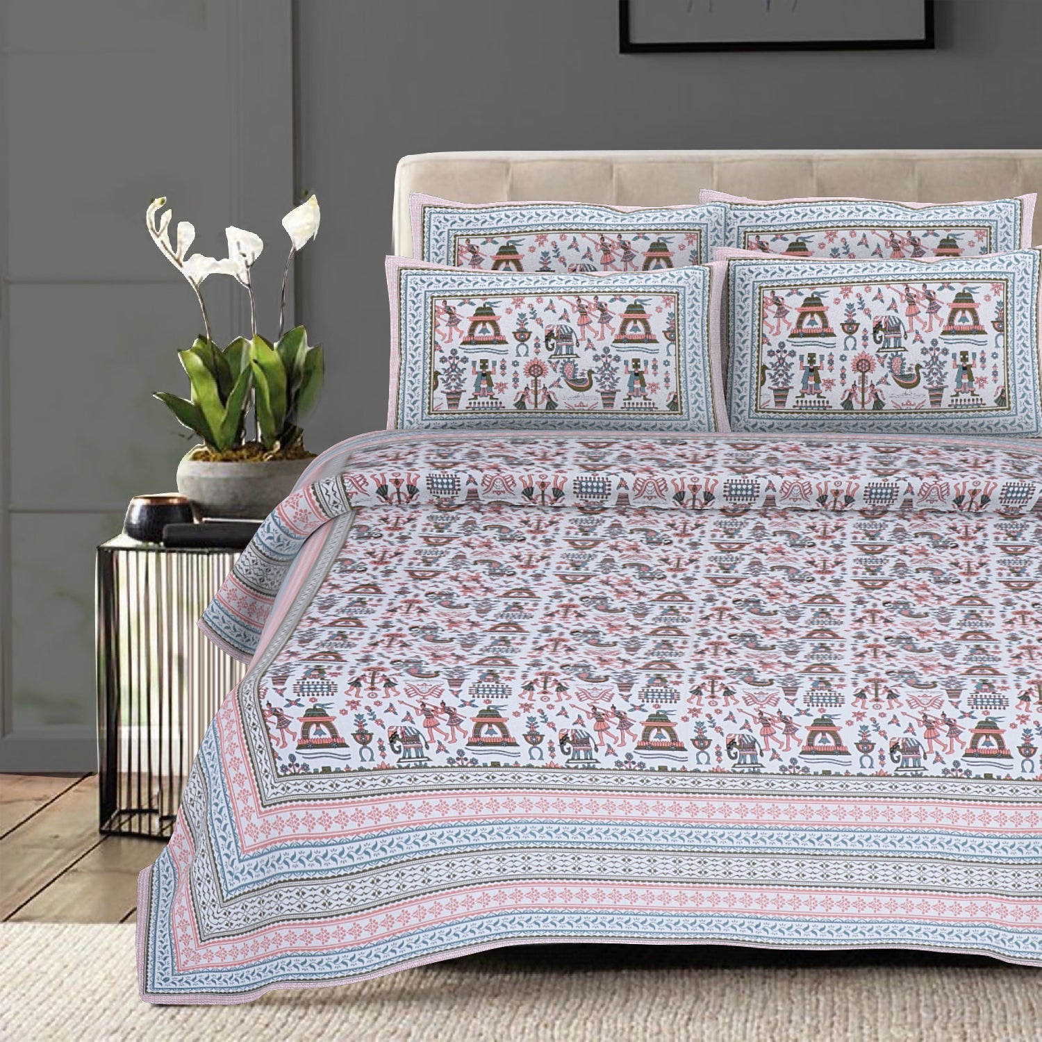 Rudra Bazaar Orange Turquise 210 TC Cotton Double King Bedsheet With 2 Pillow Covers