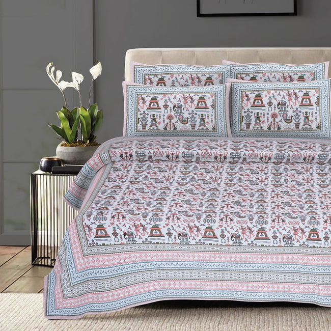 Rudra Bazaar Orange Turquise 210 TC Cotton Double King Bedsheet With 2 Pillow Covers Main Image