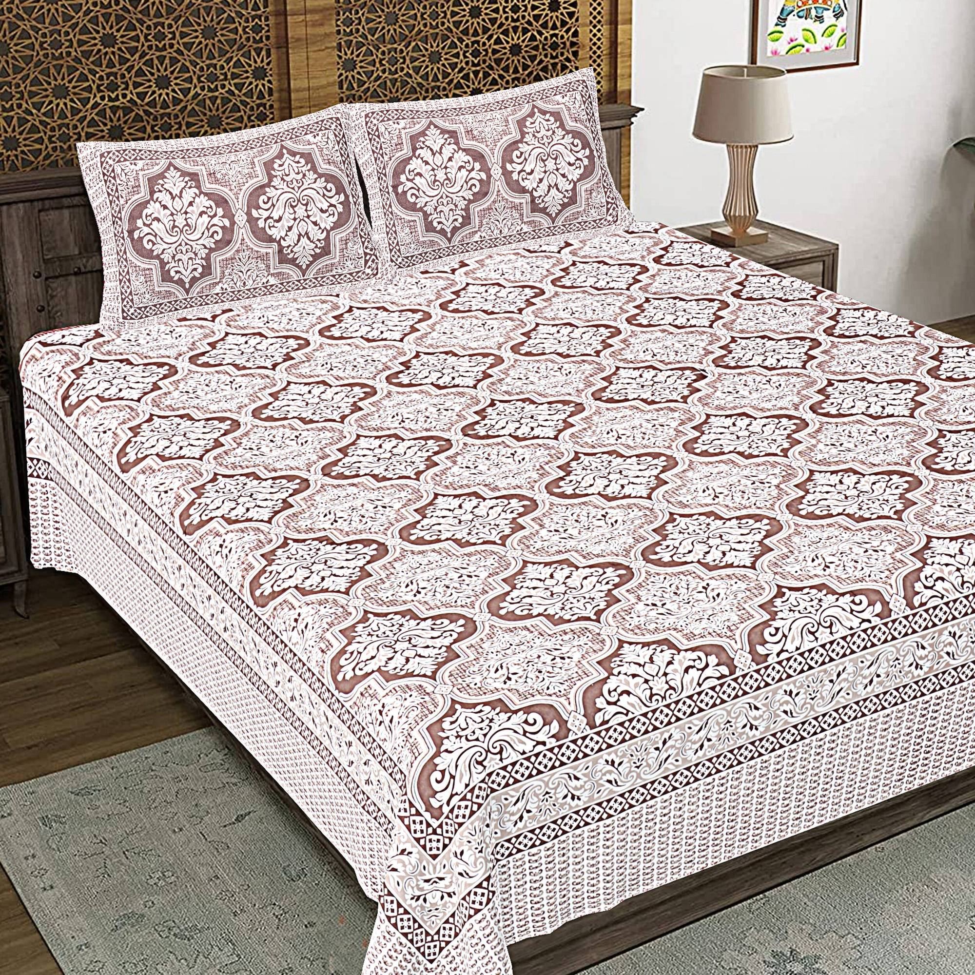 Rudra Bazaar Brown 210 TC Cotton Double King Bedsheet With 2 Pillow Covers