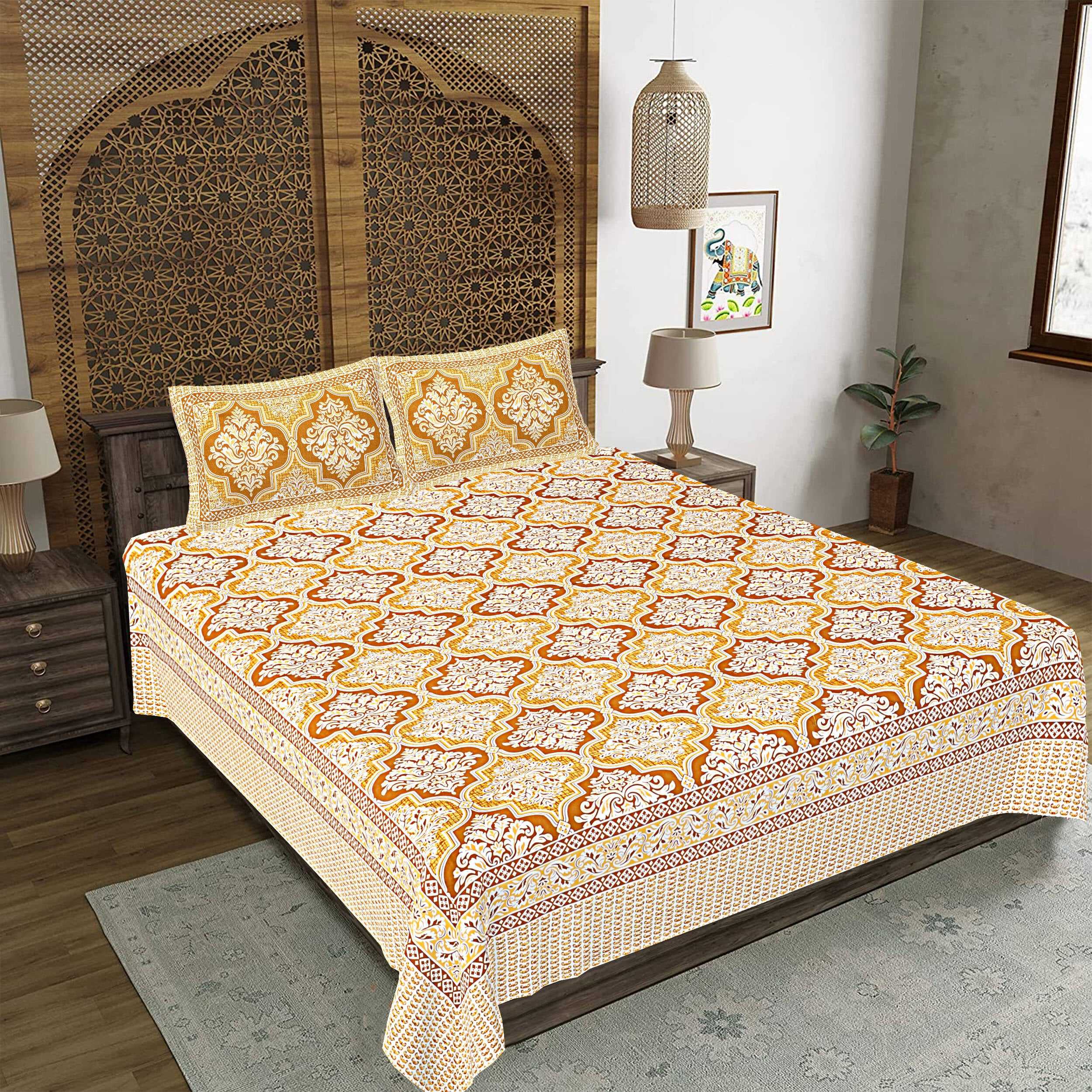 Rudra Bazaar Gold 210 TC Cotton Double King Bedsheet With 2 Pillow Covers