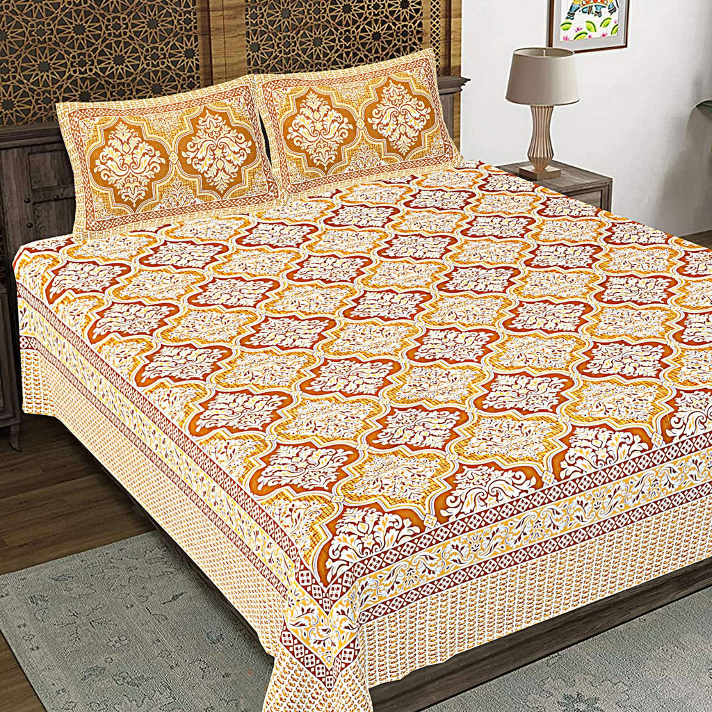 Rudra Bazaar Gold 210 TC Cotton Double King Bedsheet With 2 Pillow Covers