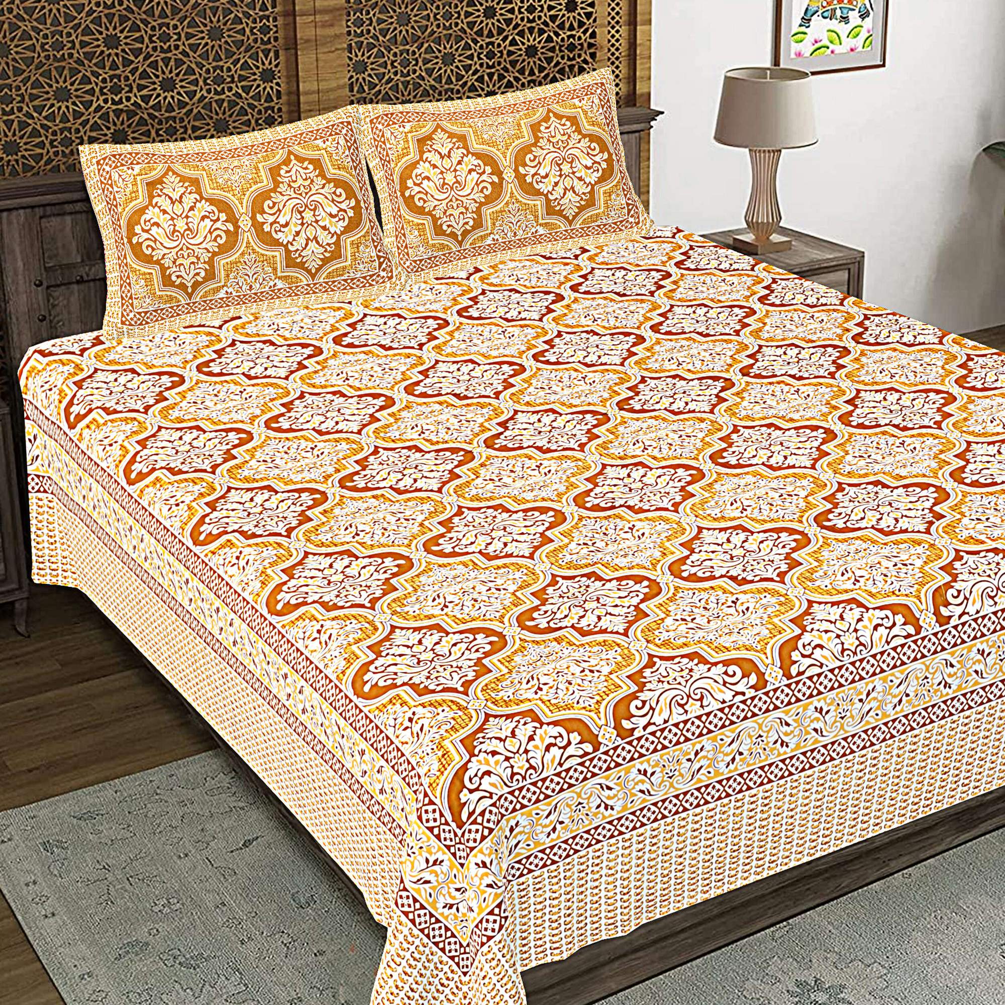 Rudra Bazaar Gold 210 TC Cotton Double King Bedsheet With 2 Pillow Covers