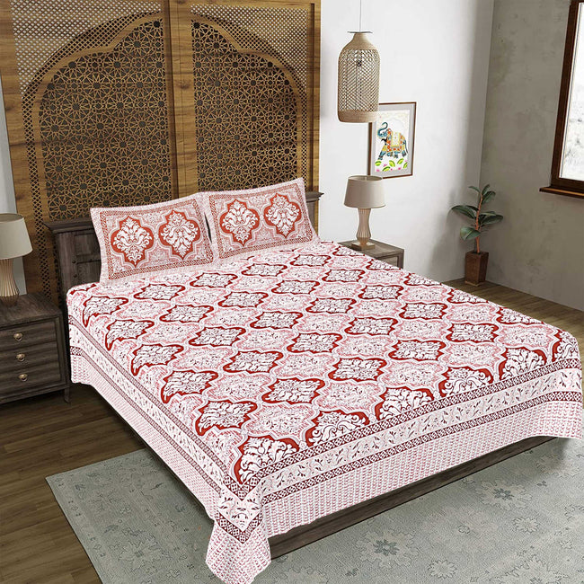 Rudra Bazaar Peach 210 TC Cotton Double King Bedsheet With 2 Pillow Covers Hover Image