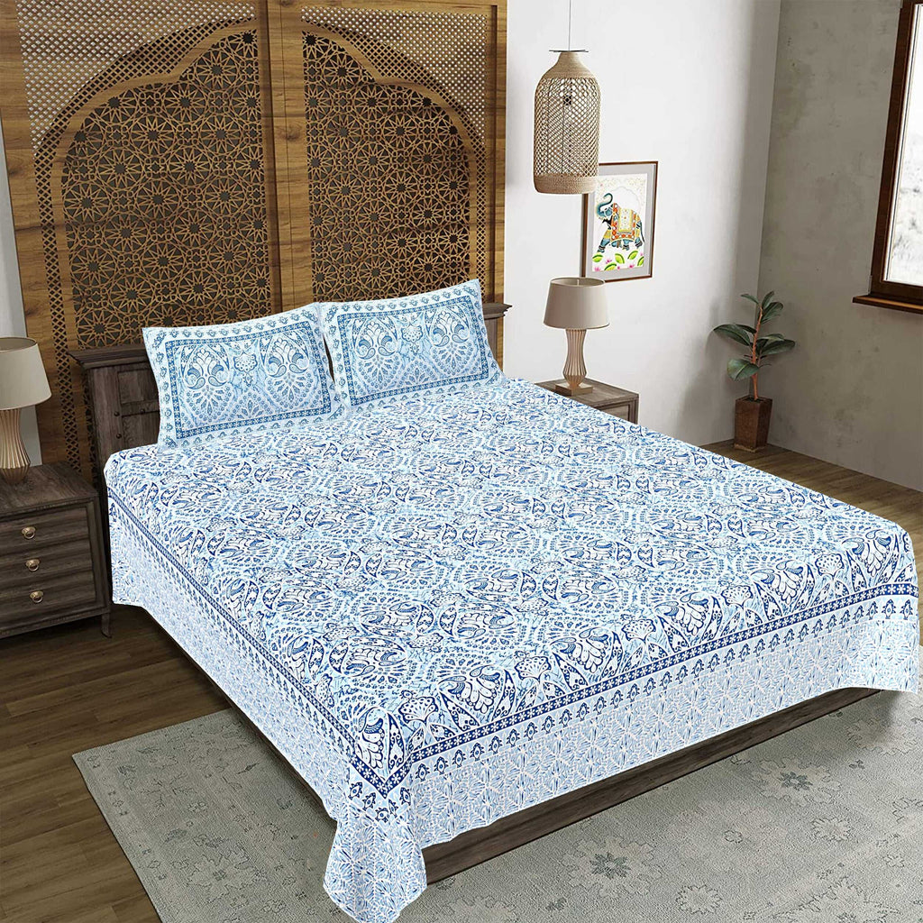 Rudra Bazaar Blue 210 TC Cotton Double King Bedsheet With 2 Pillow Covers