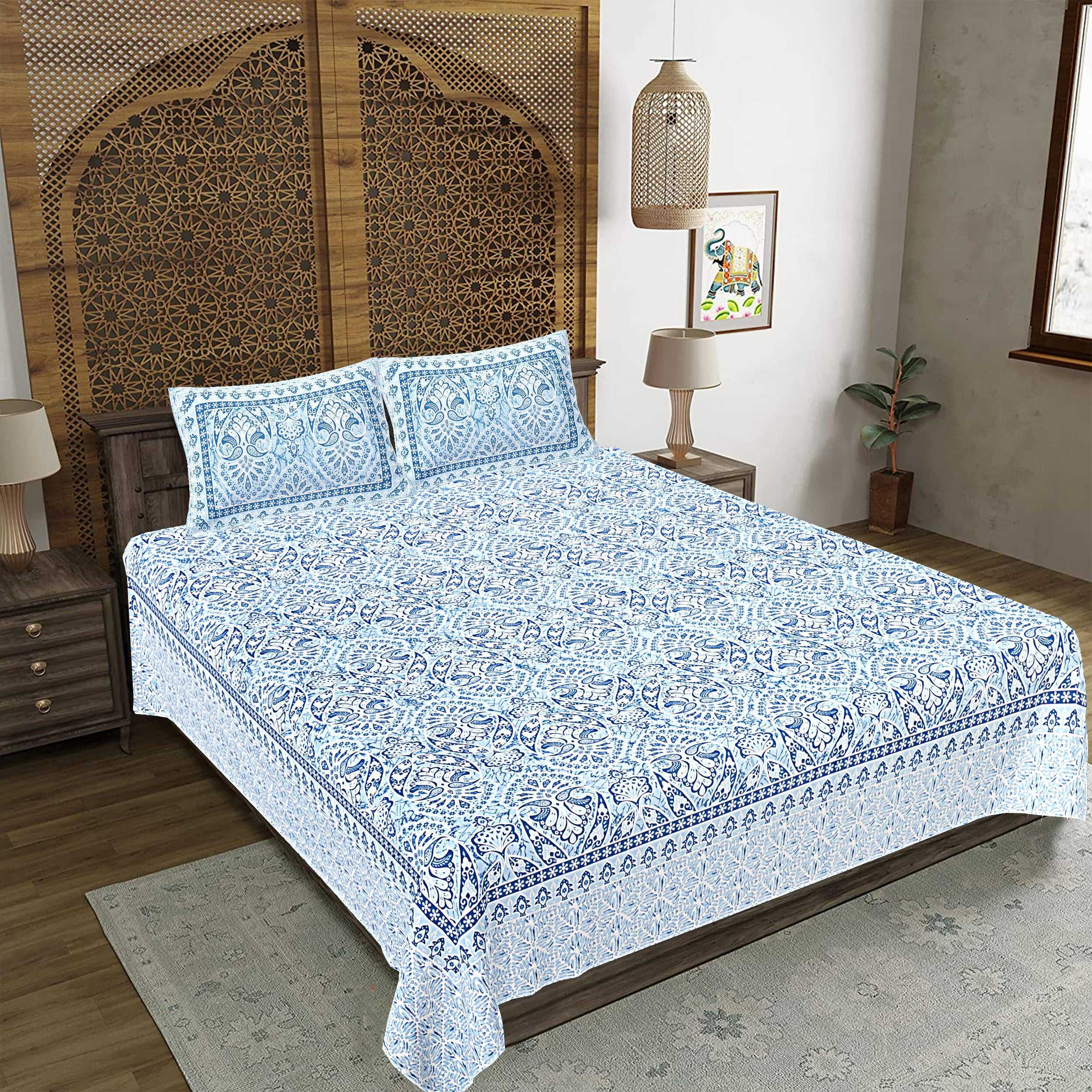 Rudra Bazaar Blue 210 TC Cotton Double King Bedsheet With 2 Pillow Covers