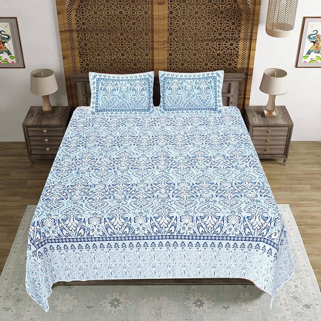 Rudra Bazaar Blue 210 TC Cotton Double King Bedsheet With 2 Pillow Covers Main Image