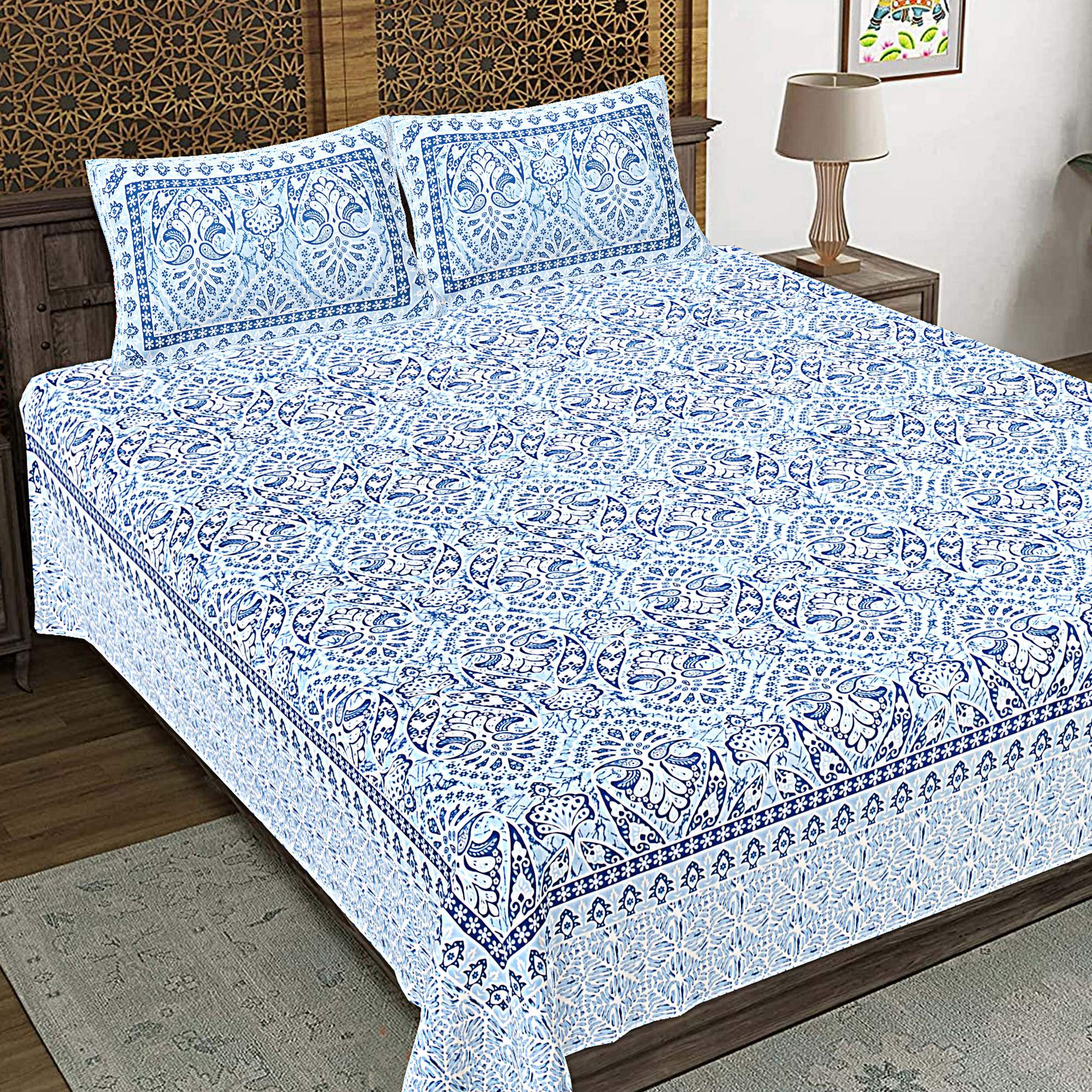 Rudra Bazaar Blue 210 TC Cotton Double King Bedsheet With 2 Pillow Covers