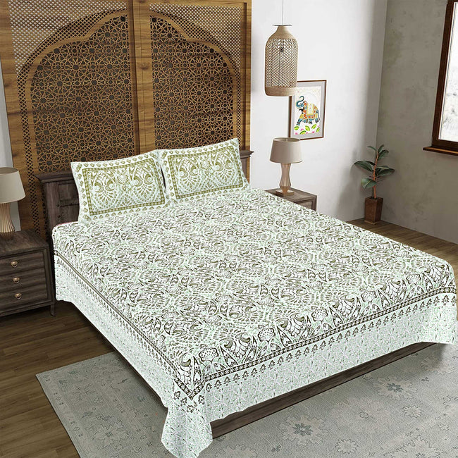 Rudra Bazaar Green 210 TC Cotton Double King Bedsheet With 2 Pillow Covers Hover Image