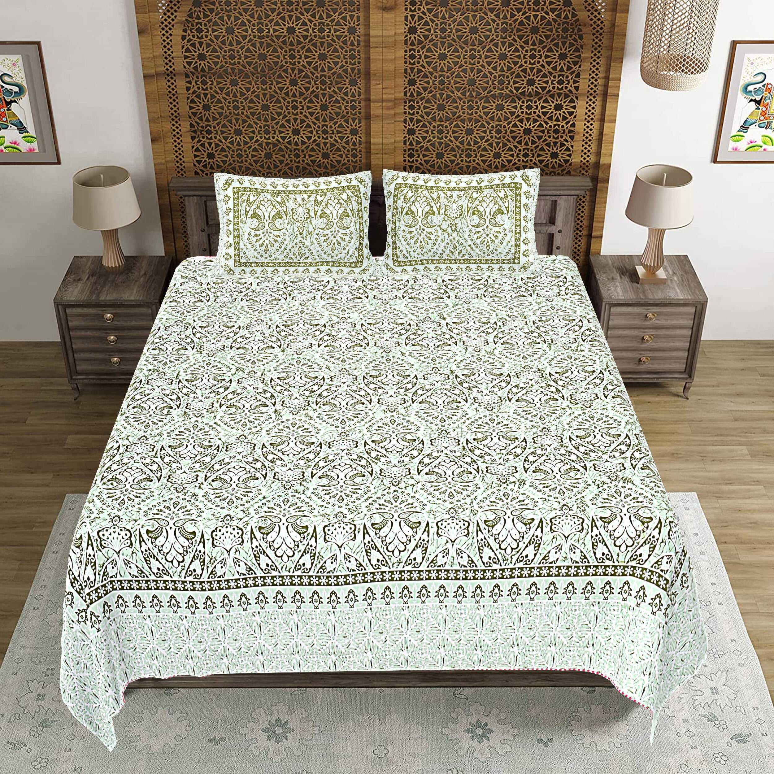 Rudra Bazaar Green 210 TC Cotton Double King Bedsheet With 2 Pillow Covers