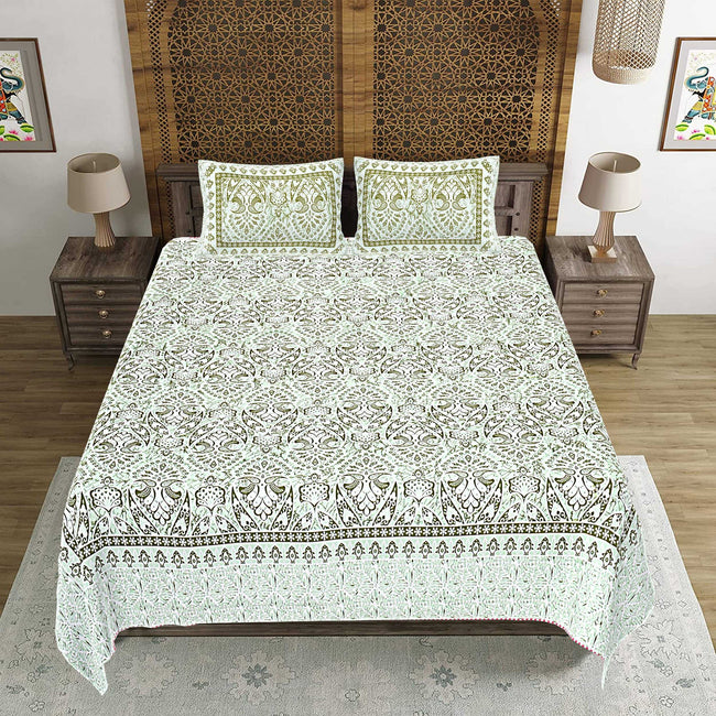 Rudra Bazaar Green 210 TC Cotton Double King Bedsheet With 2 Pillow Covers Main Image