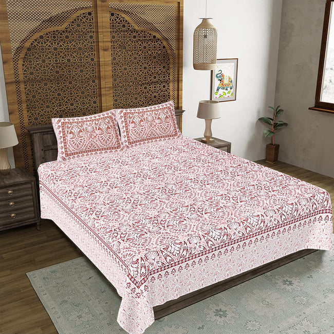Rudra Bazaar Peach 210 TC Cotton Double King Bedsheet With 2 Pillow Covers Hover Image